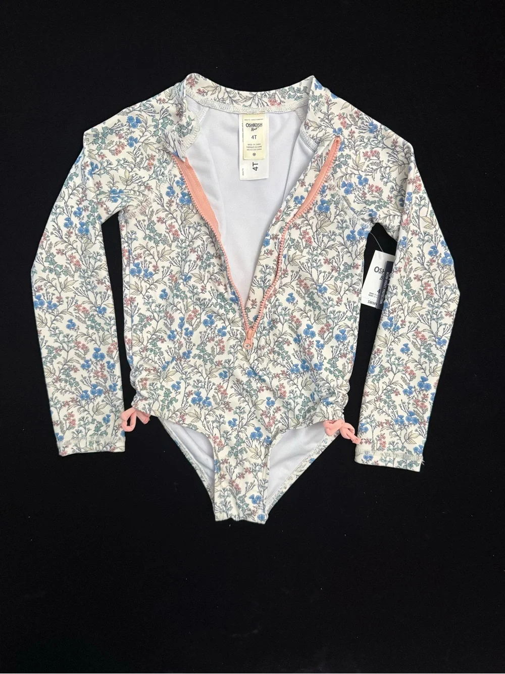 OshKosh B'gosh White Floral Long-Sleeve One-Piece Swimsuit with Blue & Pink